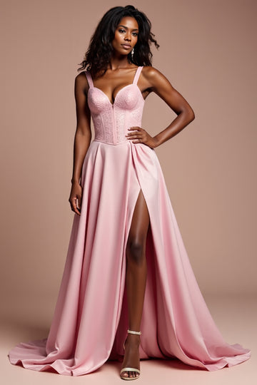 Pink Corset Lace A Line Long Prom Dress With Slit
